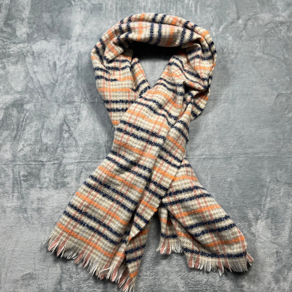 Maeve Anthropologie Scarf Womens Orange Navy Blue Plaid Eyelash Fringe Woven